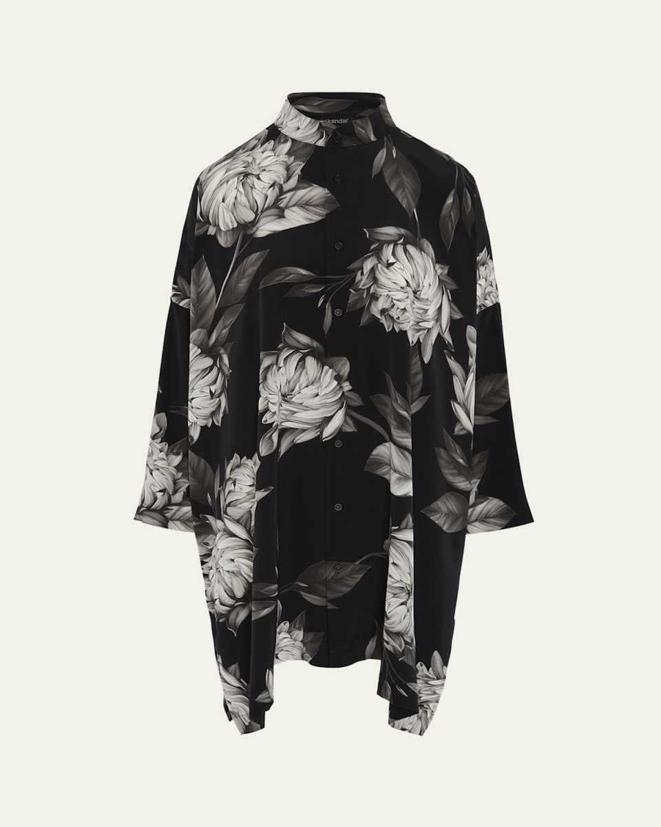 Wide Longer-Back Collarless Shirt With Slits (Very Long Length)